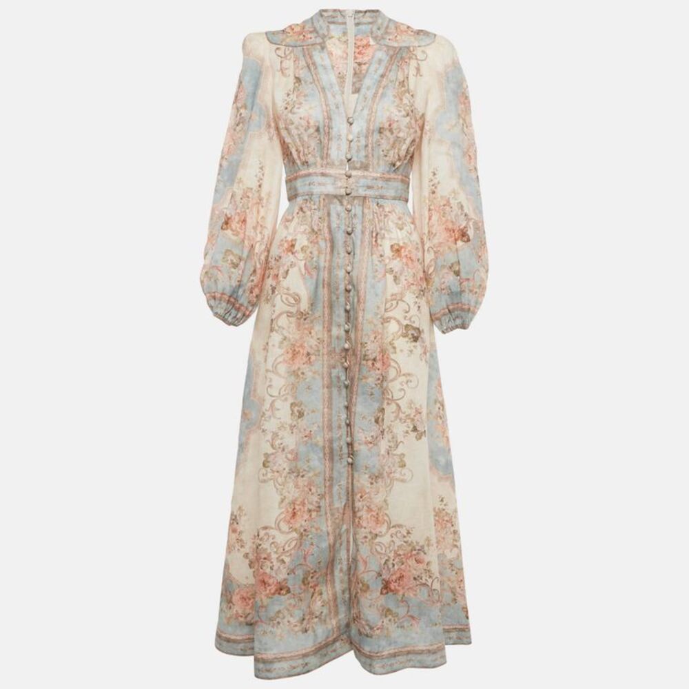 Zimmermann Beige /blue Printed Linen Plunge August Midi Dress M - Picture 1 of 5